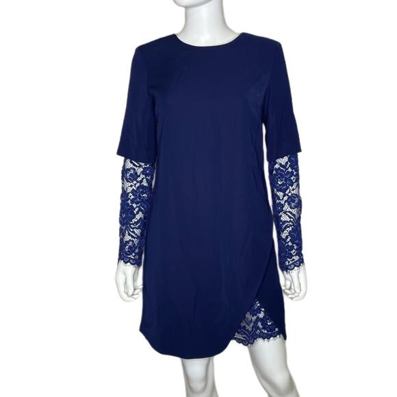 Cynthia Steffe Women's Deep Indigo Long Lace Sleeve Stretch Shift Dress sz 4 - Picture 1 of 4
